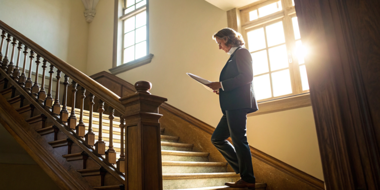 Personal injury lawyer for slip and fall walking up courthouse stairs with legal documents.