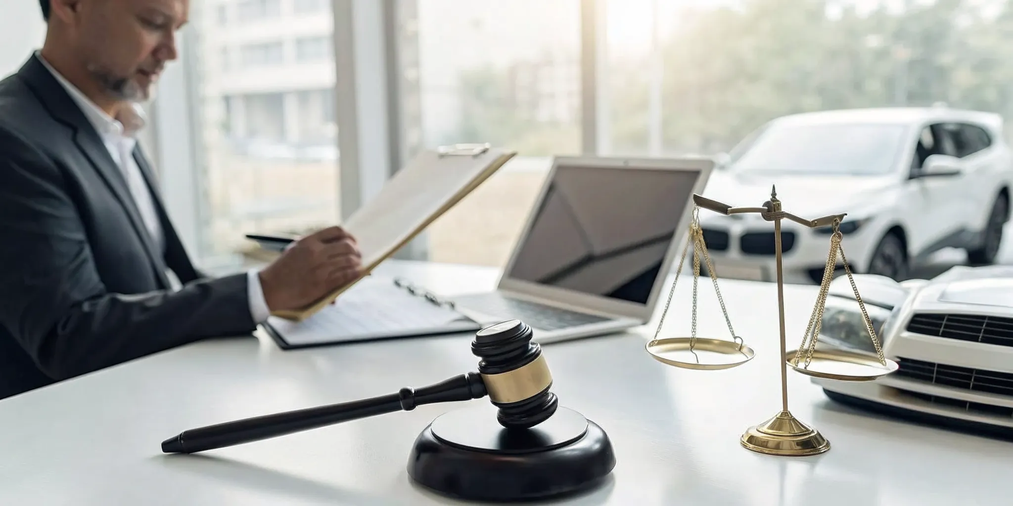 An El Cajon auto accident attorney's desk with a gavel, scales of justice, and a model car.
