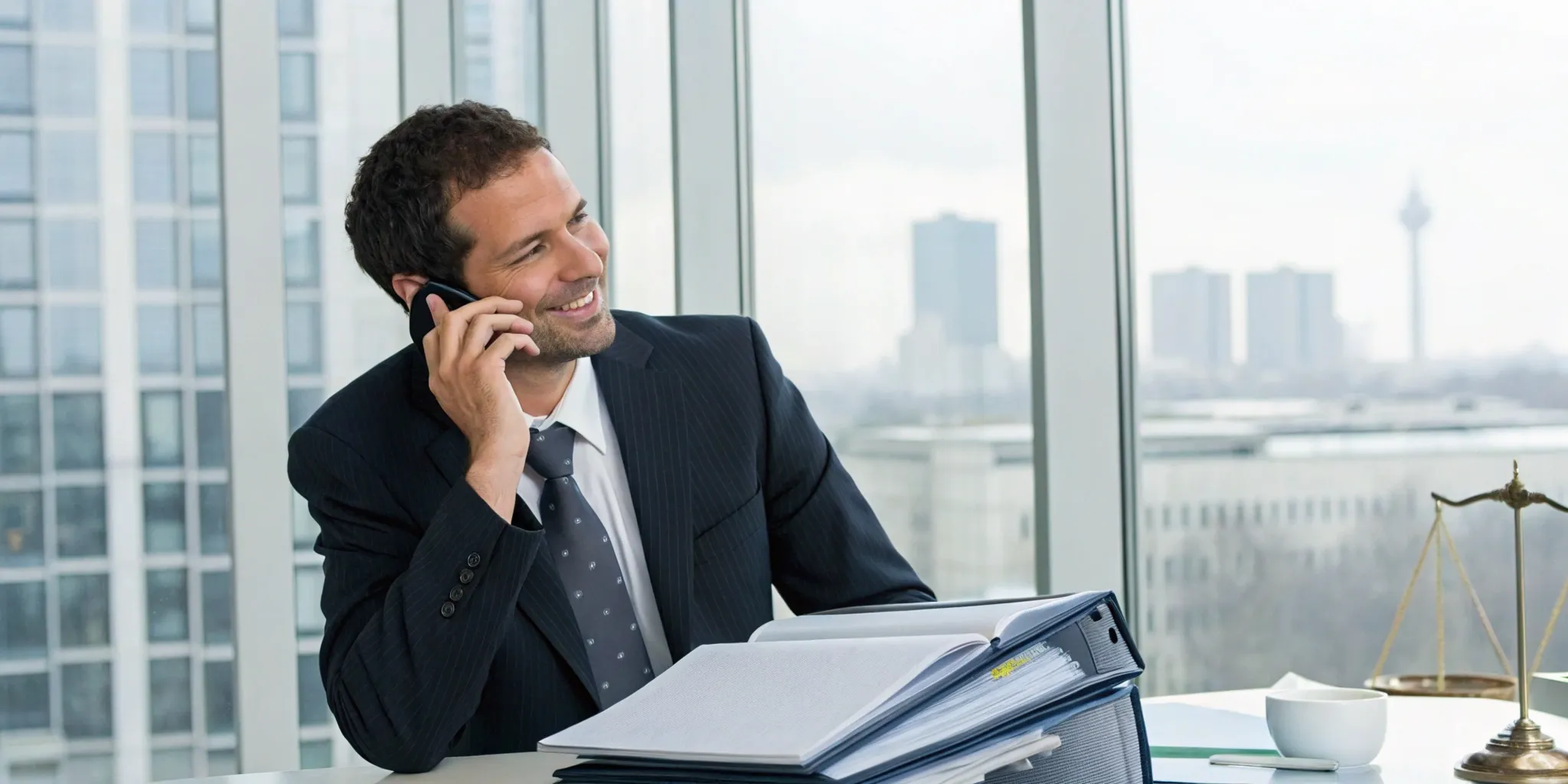 Commercial vehicle accident lawyer reviewing a client's case file.