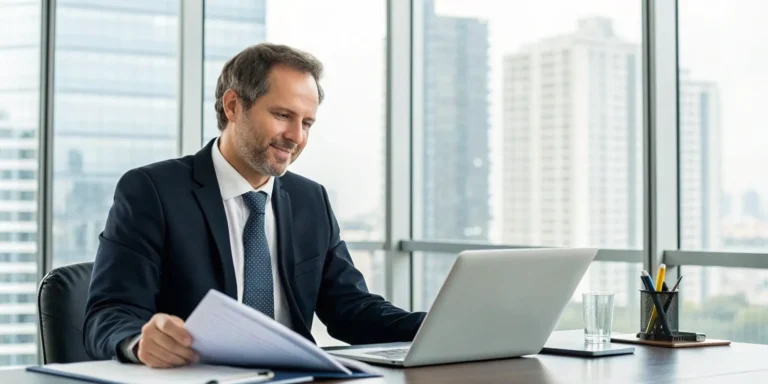 Pedestrian accident lawyer reviewing case documents on a laptop at a desk.