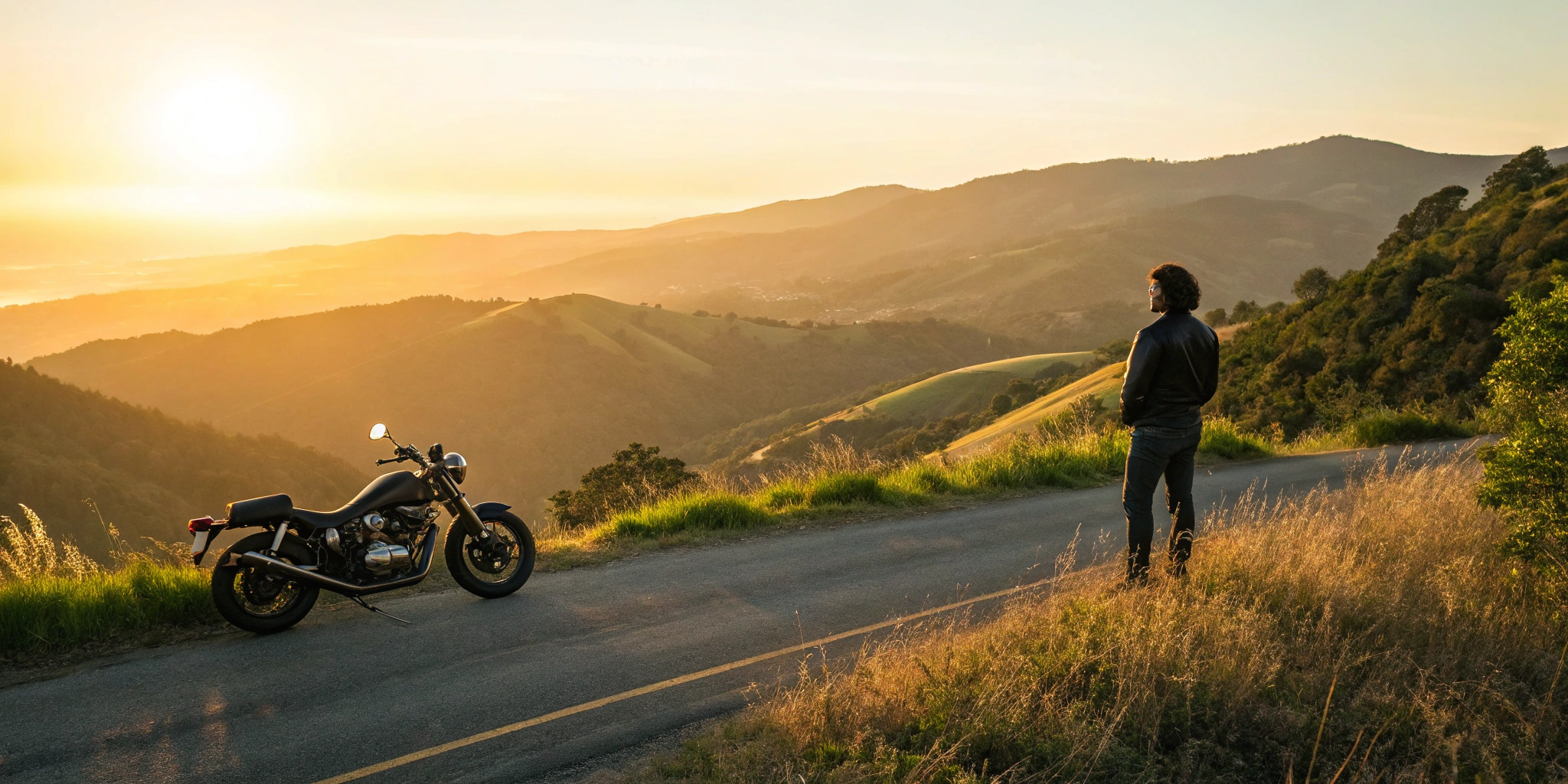 Motorcyclist standing by his bike, needing the best lawyer for a motorcycle accident.