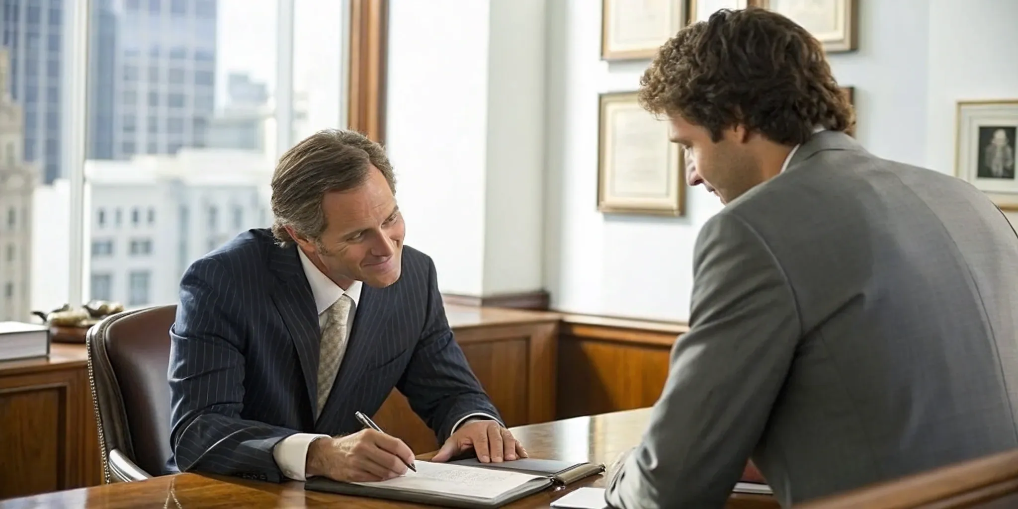 Two men in suits discussing how to find the best lawyer for a slip and fall case.