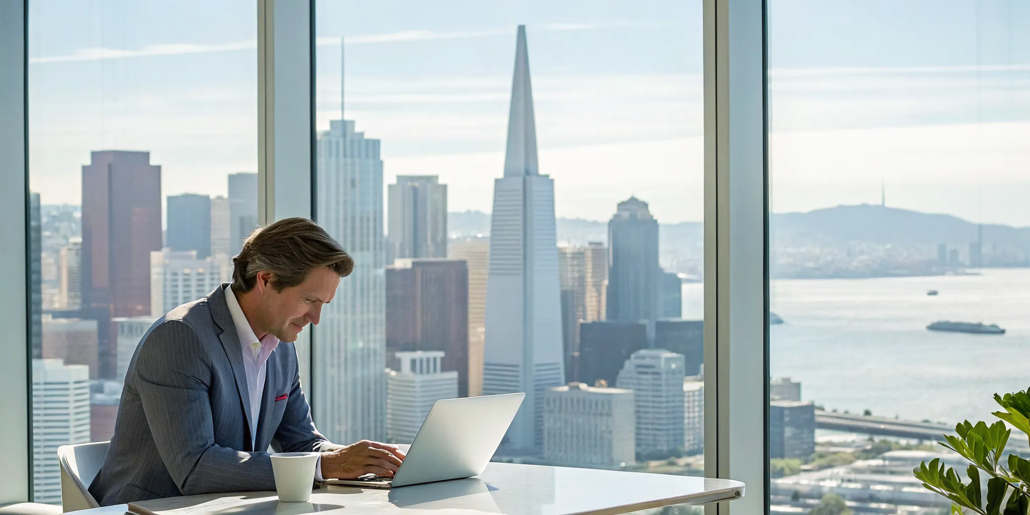 San Francisco wrongful death attorney in an office with a view of the city skyline.
