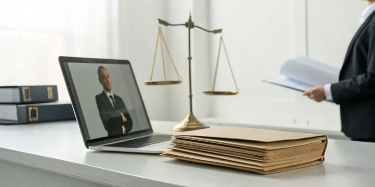 An Uber & Lyft accident lawyer at their desk with case files and scales of justice.