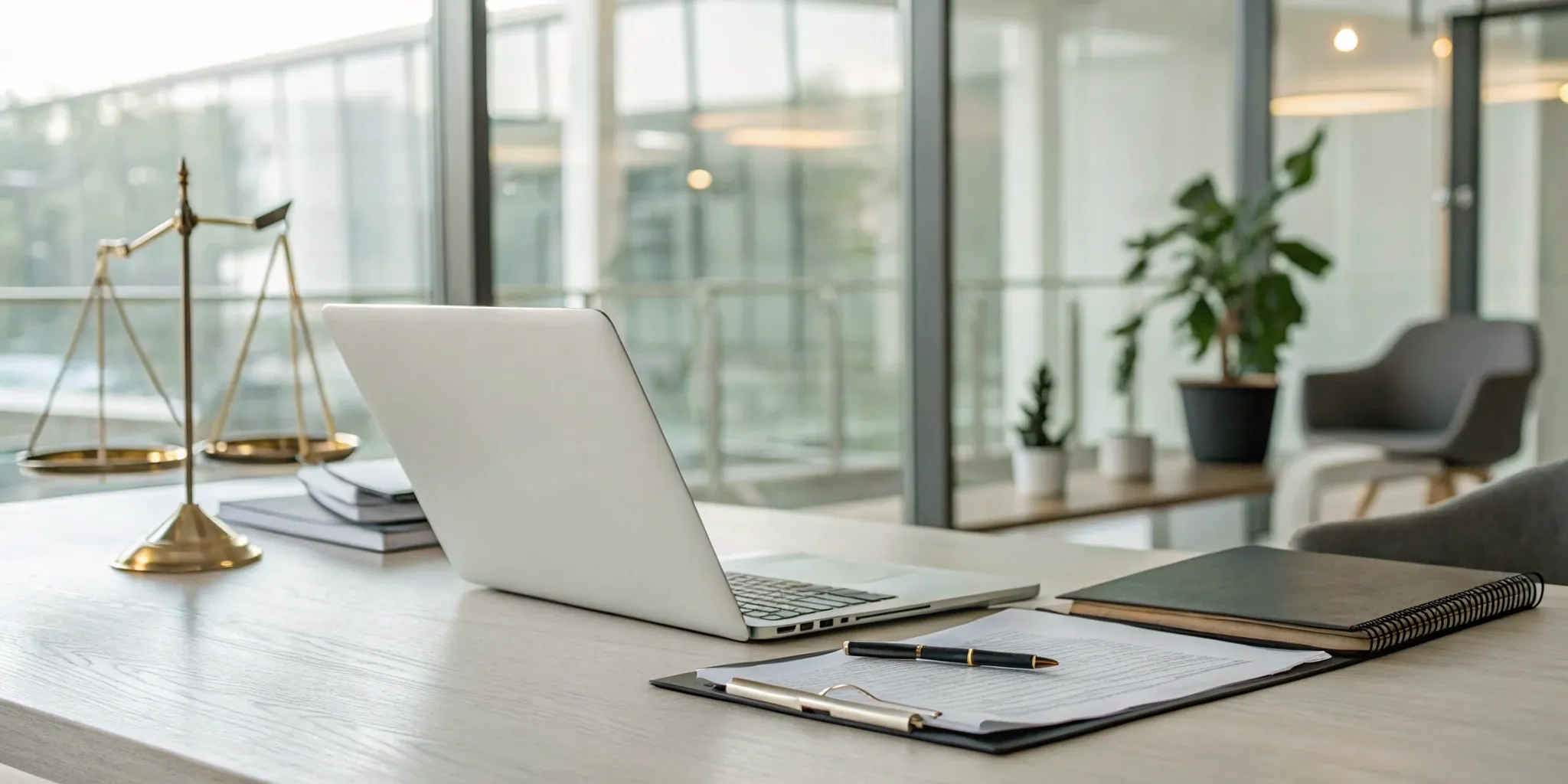 A premises liability lawyer's desk with legal documents, a laptop, and scales of justice.