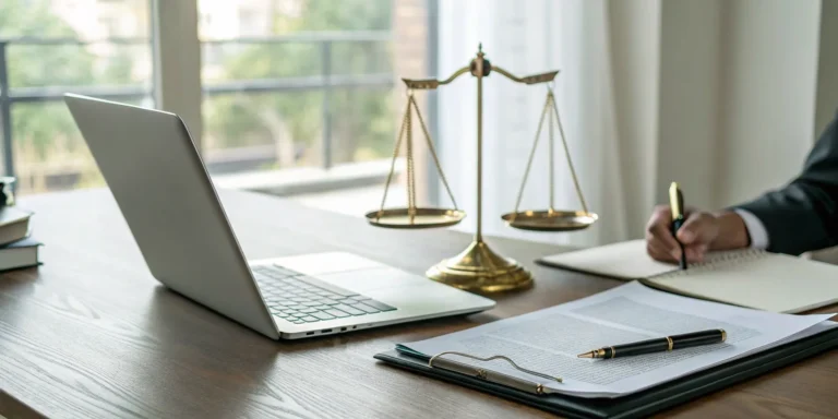 A desk with legal documents and scales of justice for a premises liability law claim.