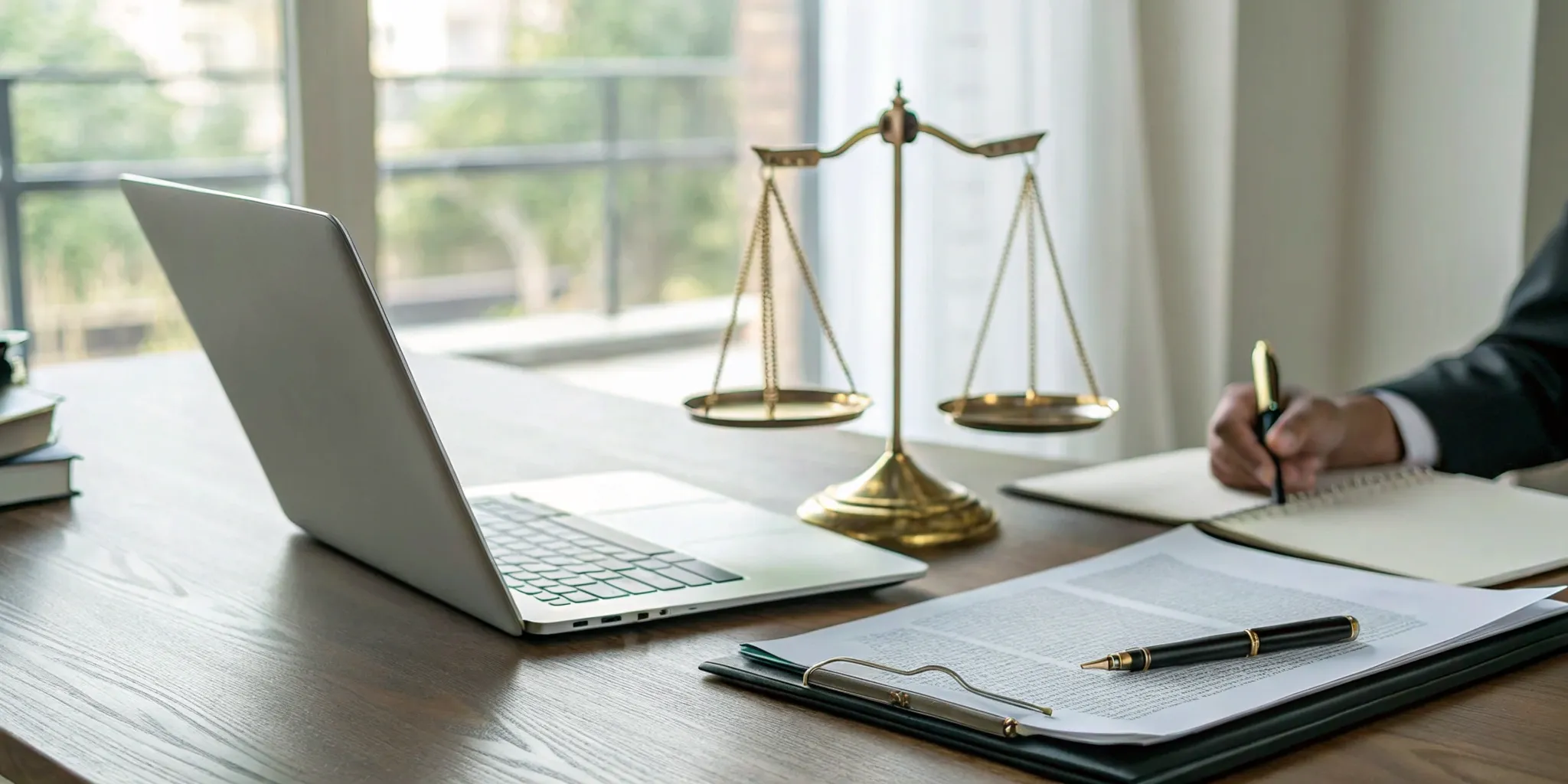 A desk with legal documents and scales of justice for a premises liability law claim.