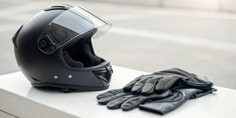 Motorcycle helmet and gloves on a table, part of knowing what to do after a motorcycle accident.