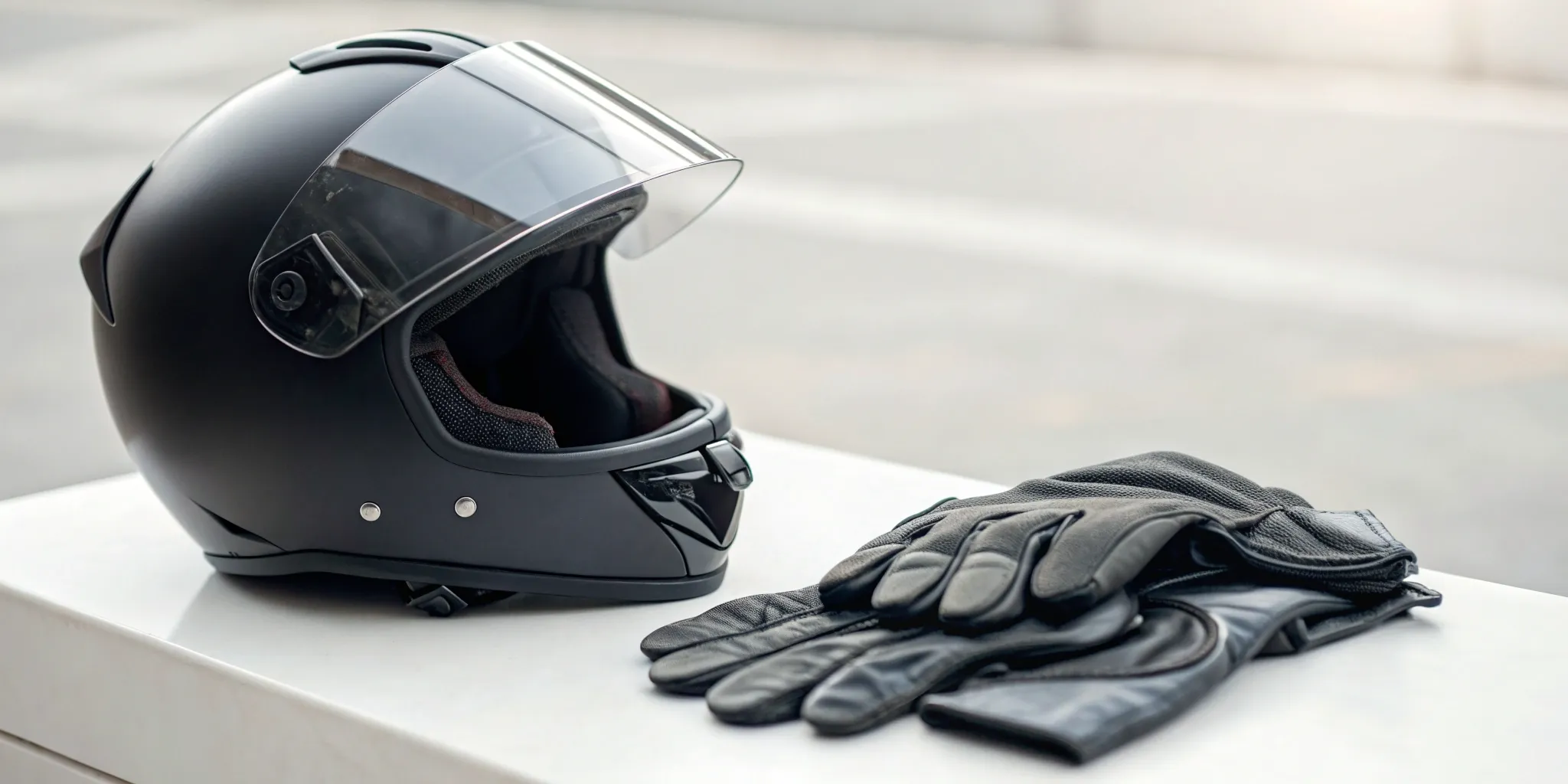 Motorcycle helmet and gloves on a table, part of knowing what to do after a motorcycle accident.