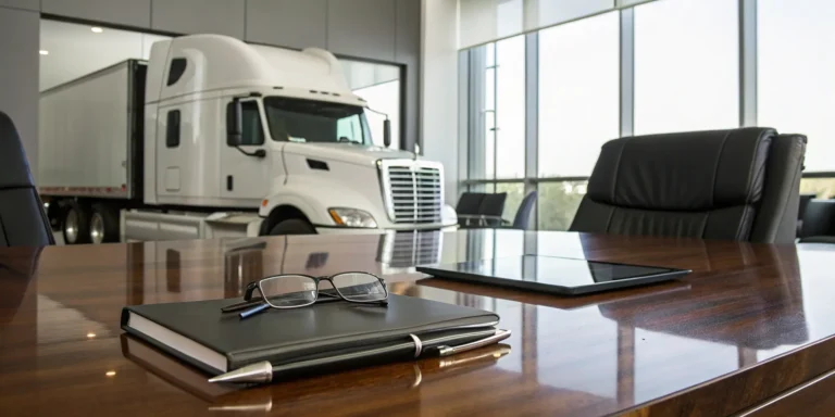 A lawyer reviews a truck accident claim with a semi-truck visible through the office window.