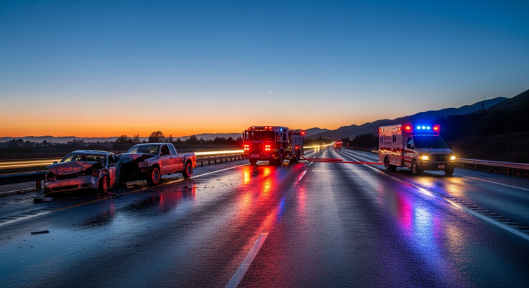 Car accident scene on California highway with emergency responders