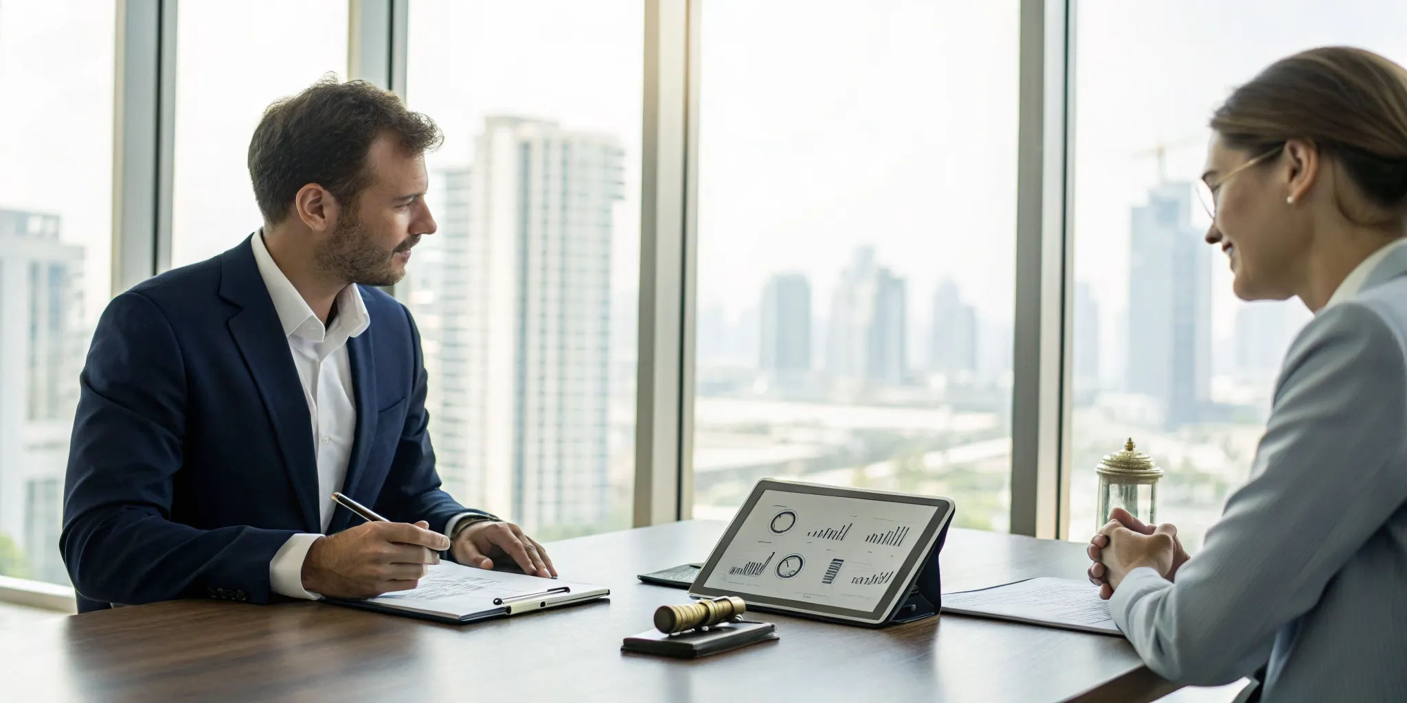 Car accident lawyer outlining the claim process with legal documents and charts.