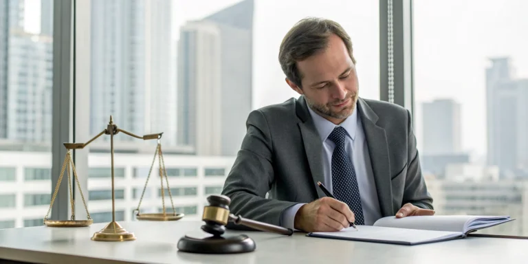 A dog bite lawyer reviews a case at a desk with a gavel and scales of justice.