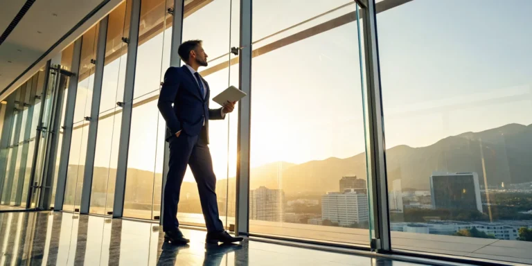 A commercial vehicle accident lawyer in a Los Angeles office overlooking the city.
