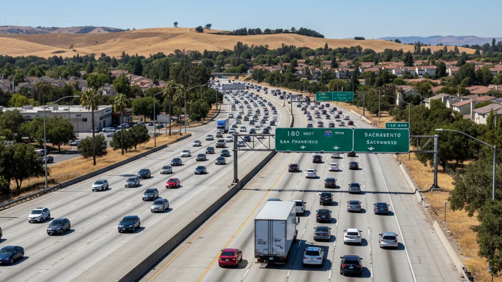 Heavy traffic on Interstate 80 near Sacramento with semi-trucks and vehicles on multiple freeway lanes