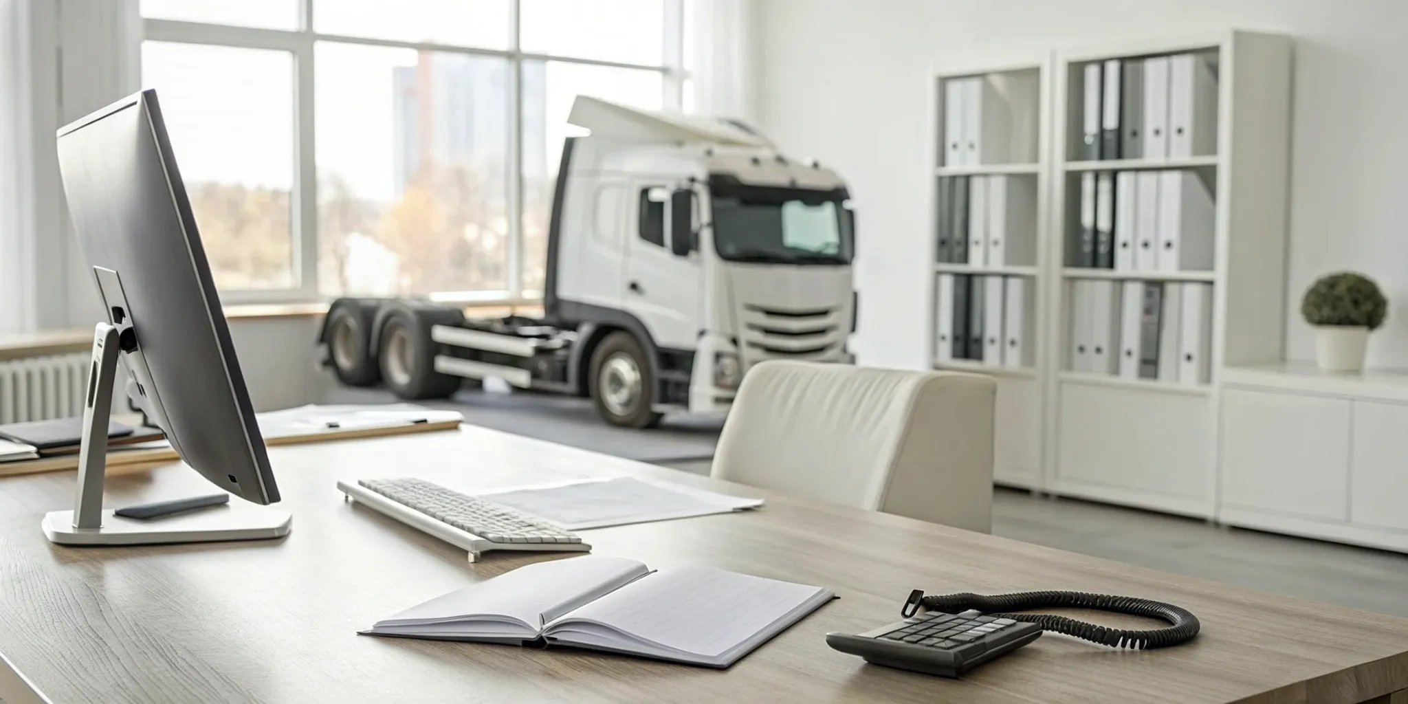 Office of the best commercial truck accident lawyer with a view of a truck on the road.