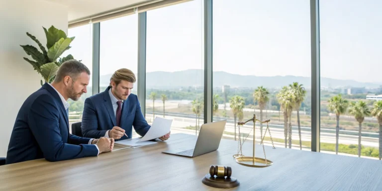 An Irvine auto accident attorney discusses a case with a client.