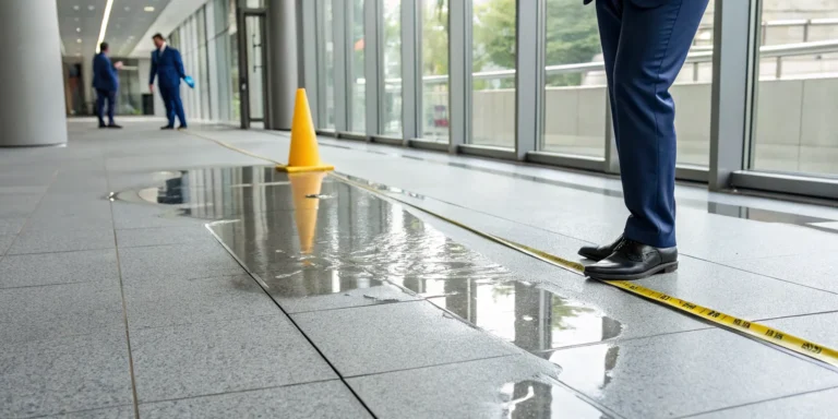 Wet floor with a caution cone, a hazard in a premises liability slip and fall case.