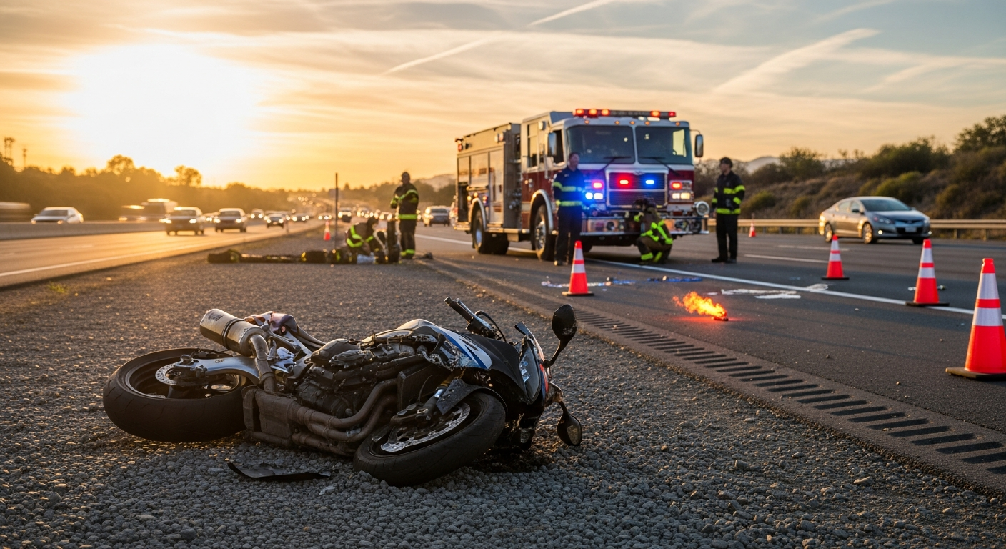 Motorcycle accident scene on a California freeway near Newhall
