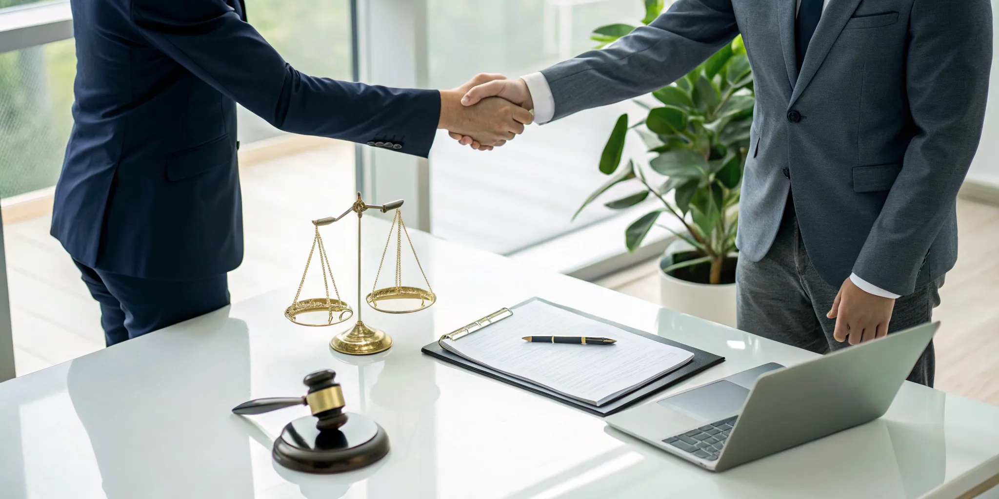 Lawyer and client shake hands over legal documents, starting a case with a no fee agreement.