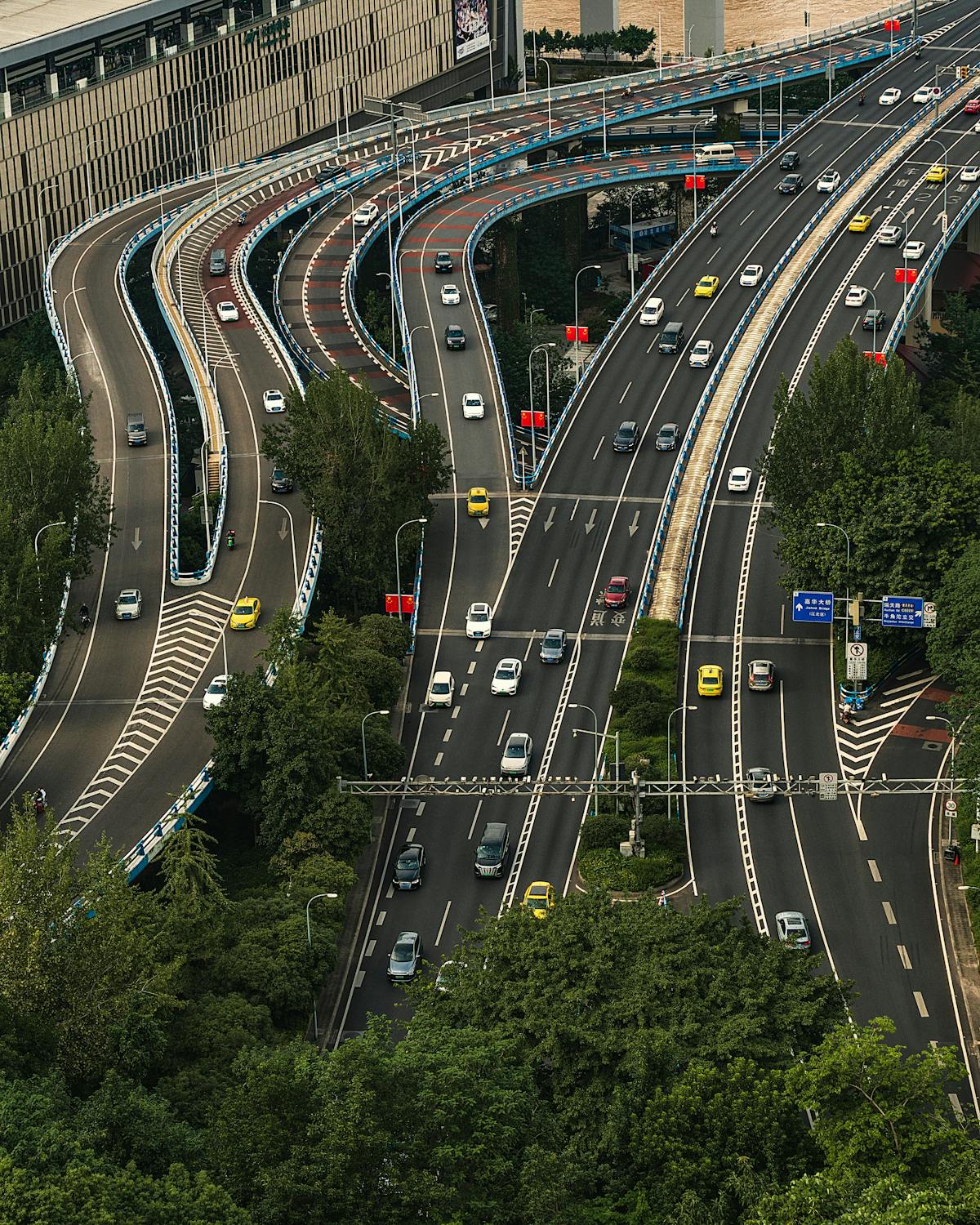 Aerial view of busy urban highway intersection in Riverside California