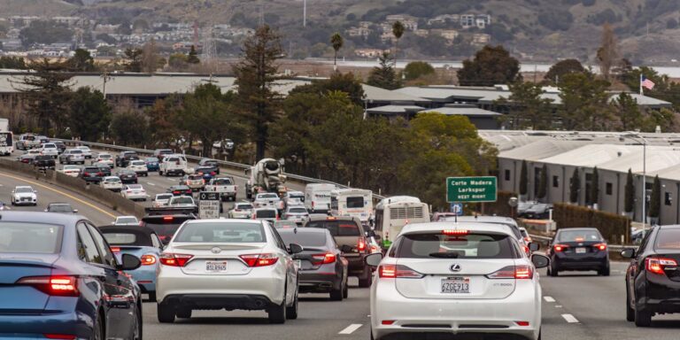 Busy California highway with heavy traffic near Santa Ana on southbound Highway 57