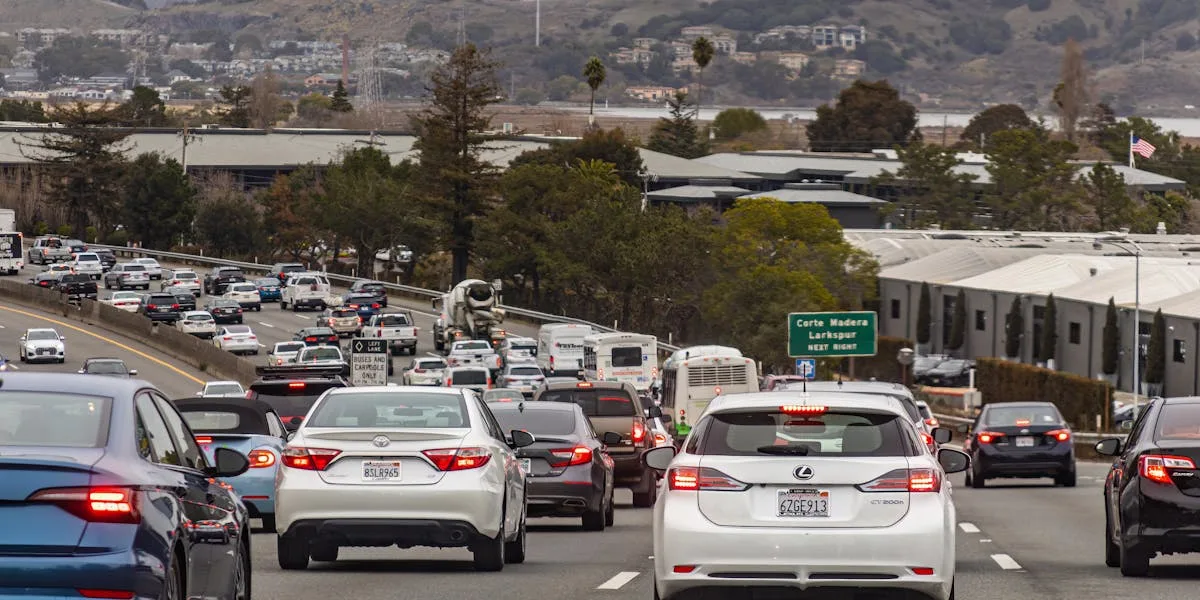 Busy California highway with heavy traffic near Santa Ana on southbound Highway 57