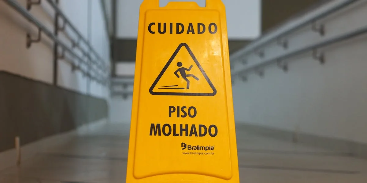 Yellow caution wet floor sign in a corridor warning of slip and fall hazard