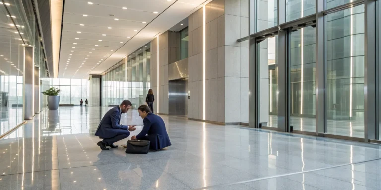 Two people in business attire on the floor of a lobby after a slip and fall.