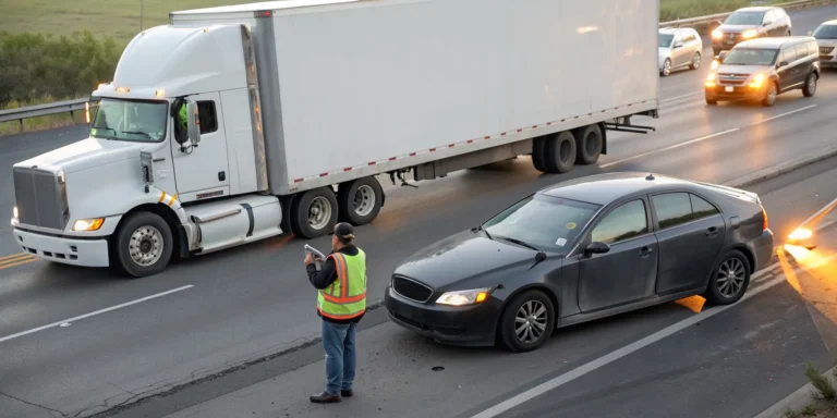 Commercial truck accident with a damaged car and safety worker directing traffic on the highway.