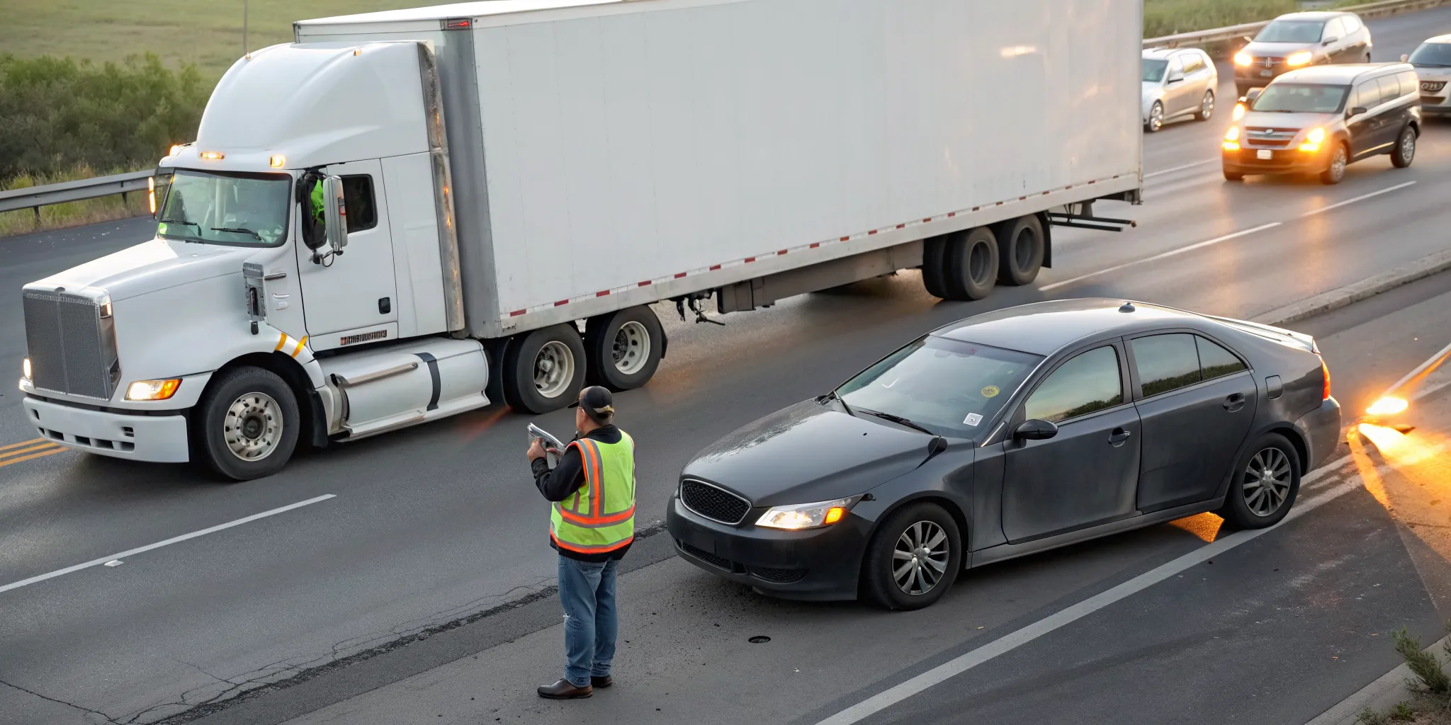 Commercial truck accident with a damaged car and safety worker directing traffic on the highway.