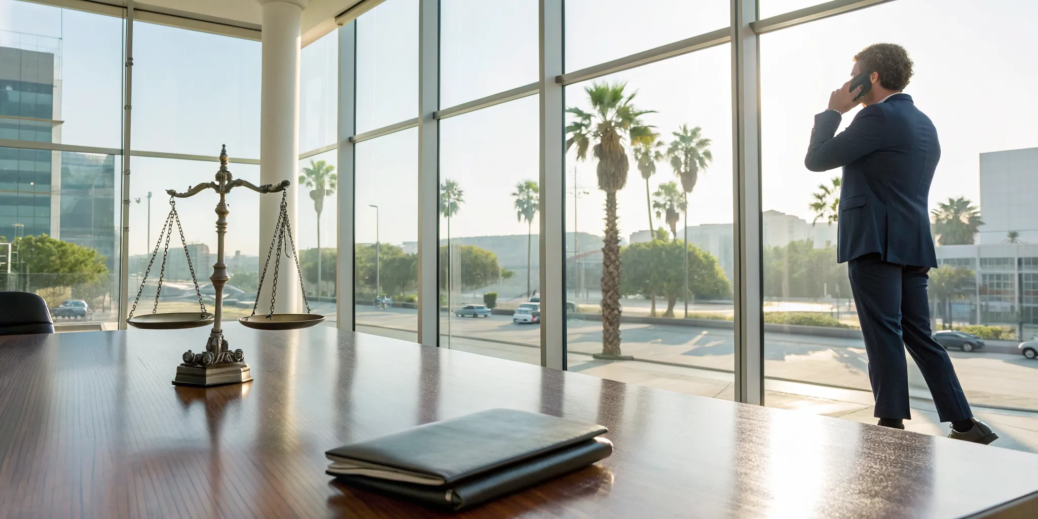 California lawyer discusses a case on the phone in an office with scales of justice.