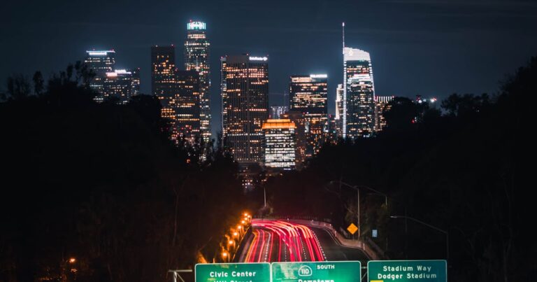 Highway in Los Angeles at night with traffic lights