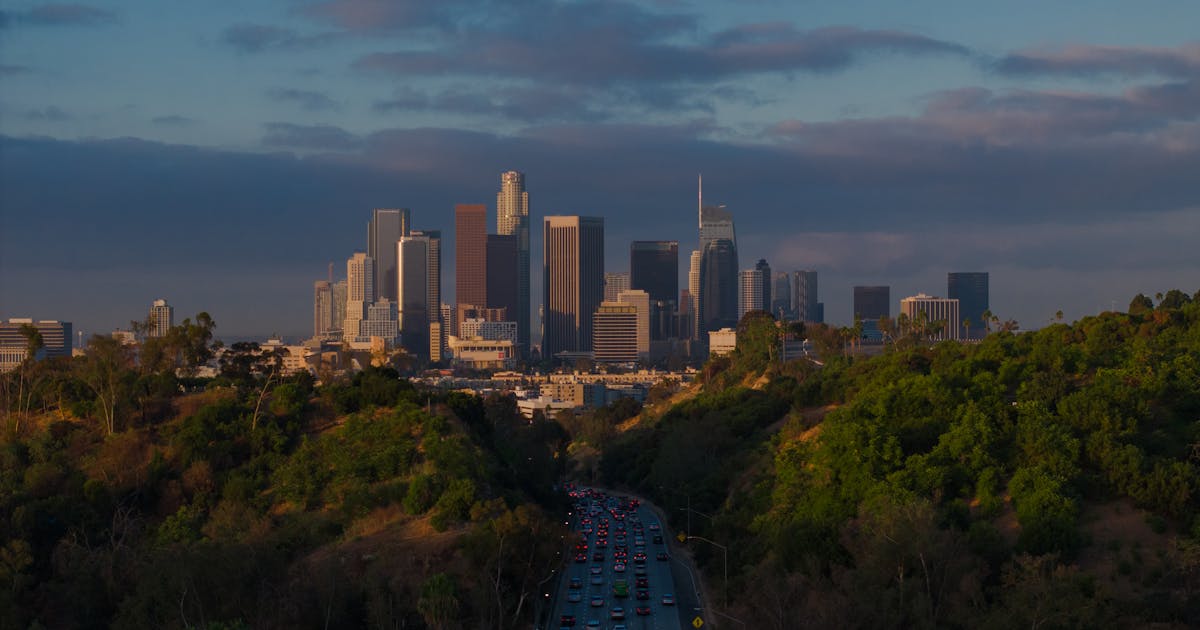 Downtown Los Angeles skyline with freeway traffic
