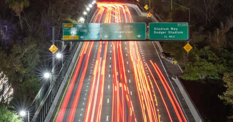 Night traffic on 110 freeway in downtown Los Angeles