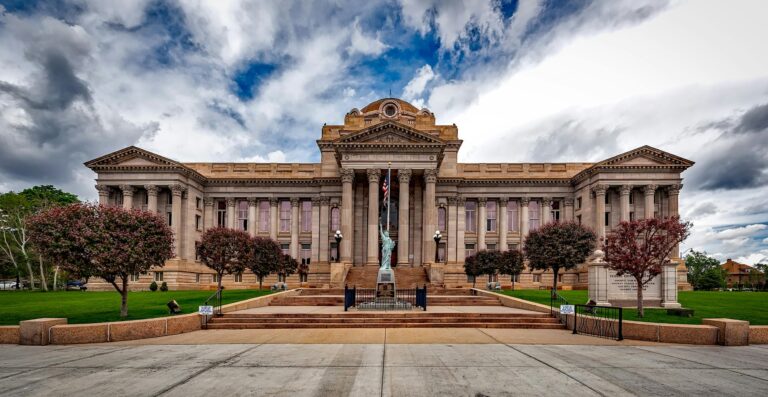 Neoclassical courthouse building with columns representing California justice system