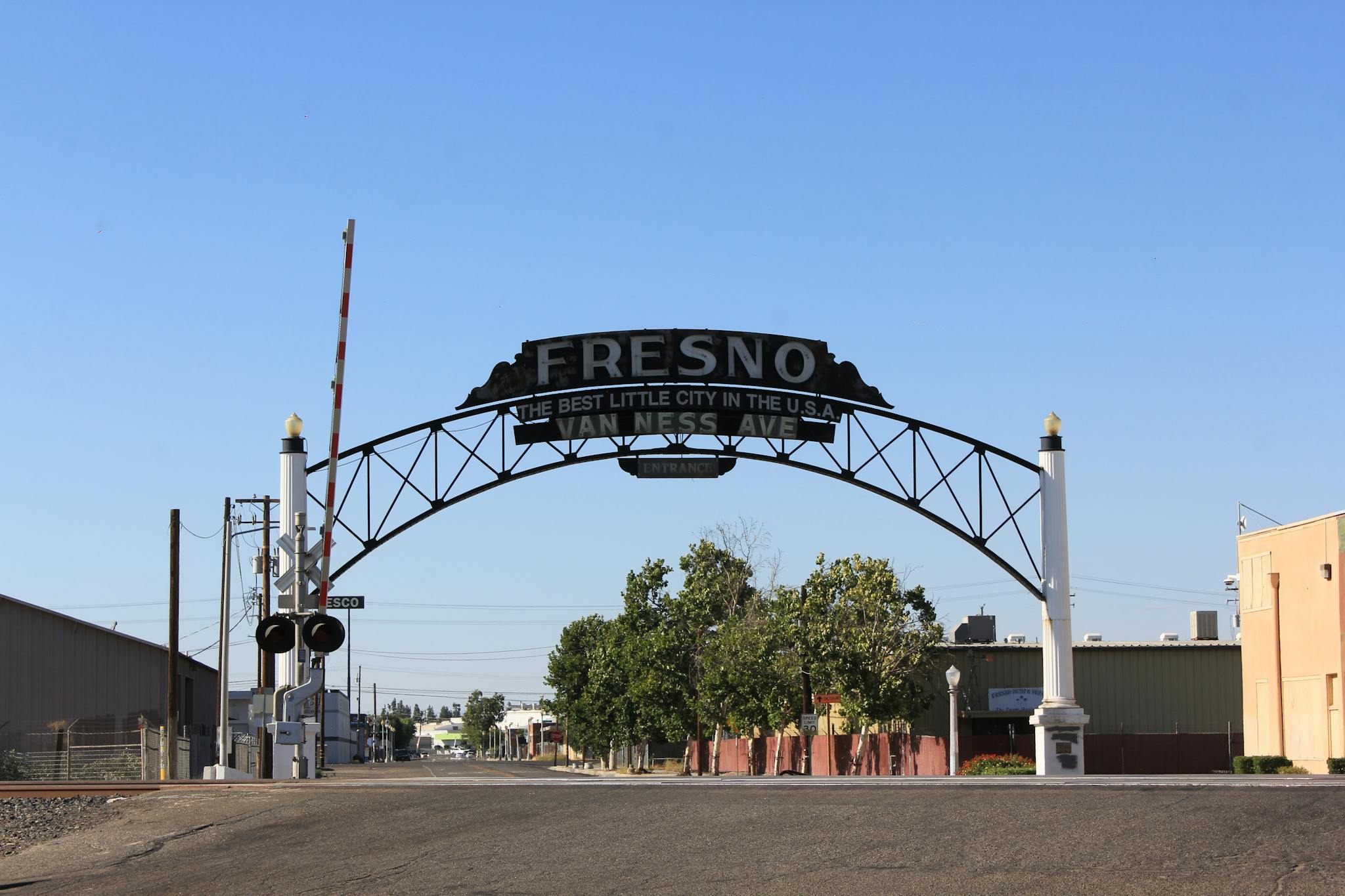 Van Ness Avenue entrance sign in Fresno California on a sunny day