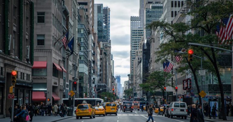 City street view with buildings and road