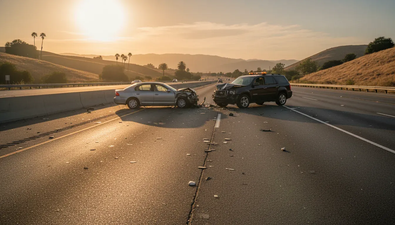 Cars stopped at an intersection on a California highway, illustrating the risk of distracted driving accidents