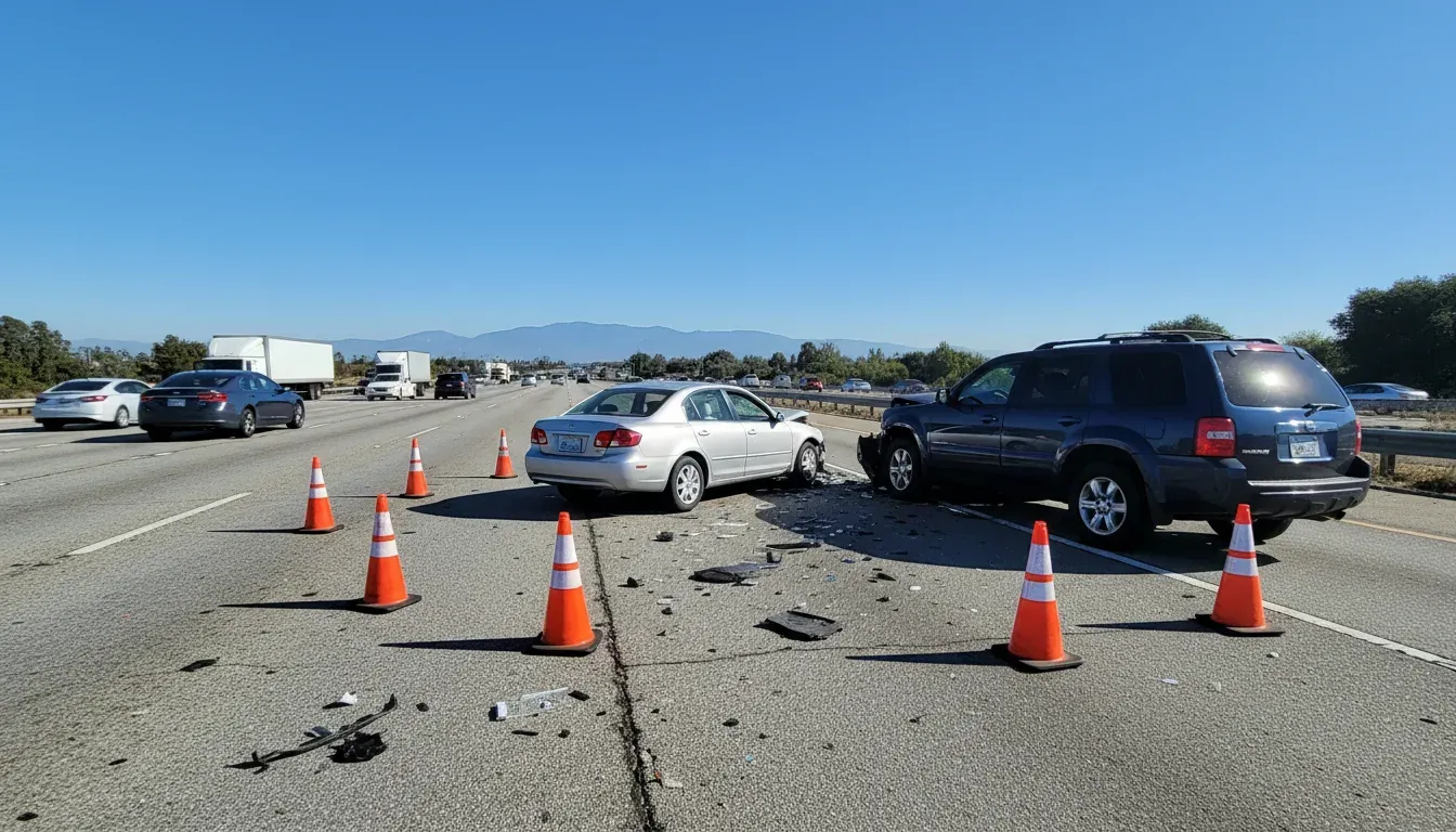 Two vehicles with damage on the side of a California freeway after a car accident, with orange emergency cones visible
