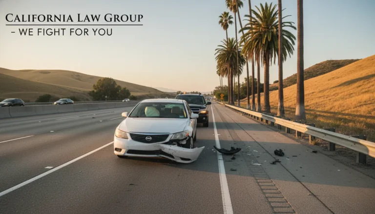 California freeway shoulder with rental car after a minor crash