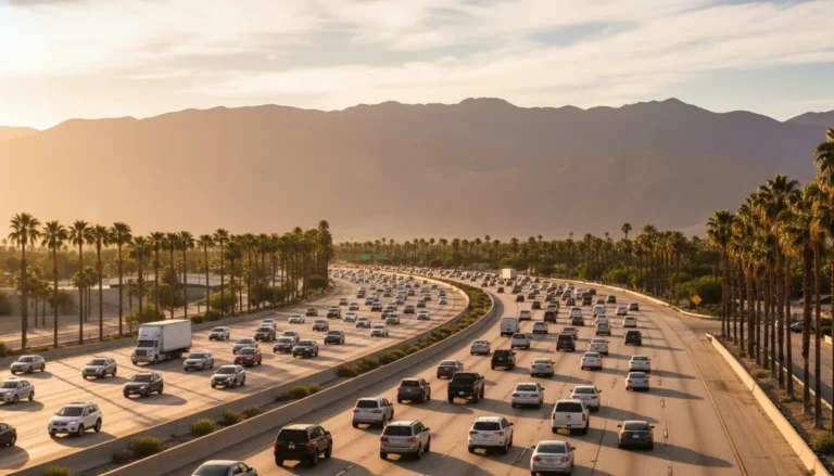 California freeway highway traffic with palm trees and mountains in the background, illustrating the risks of spinal cord injuries after a car accident