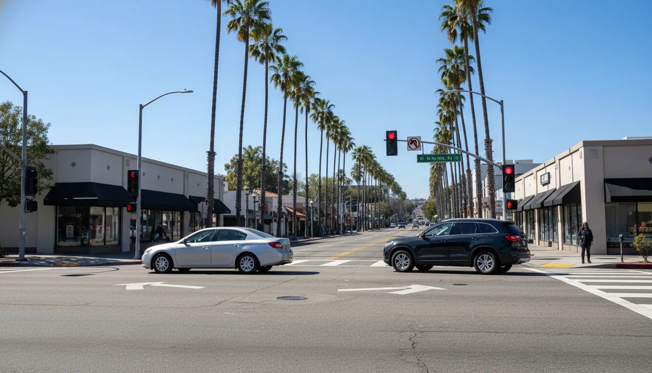 California intersection where a vehicle is preparing to turn left across traffic