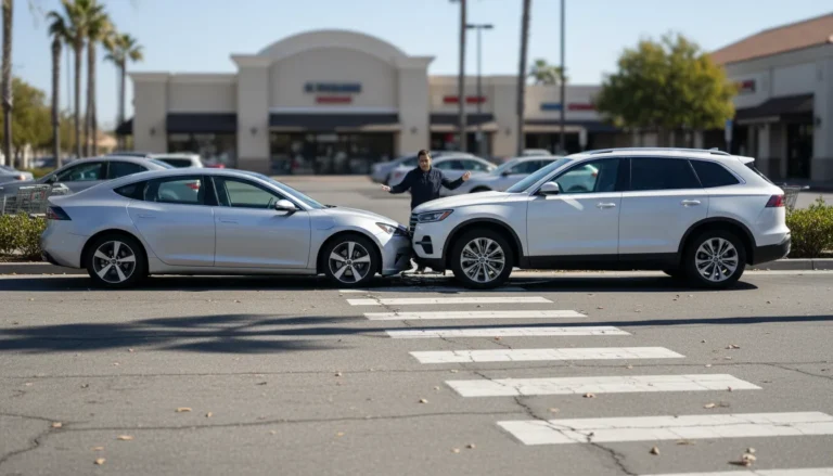 Vehicles after a parking lot collision near a California shopping center